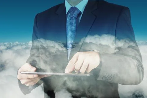 Double exposure of businessman hand using digital tablet with cloud as concep Stock Illustration