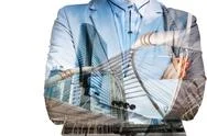 Double Exposure Of Businessman In Suit And Cityscape. He's Looking  Stock Photos