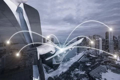 Double exposure of businessman using digital tablet pc with network connectio Stock Photos