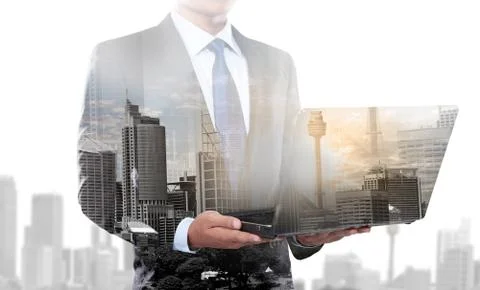 Double exposure of businessman using laptop computer 스톡 일러스트