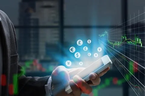 Double exposure businessman using the smart phone and stock market or forex g 스톡 사진
