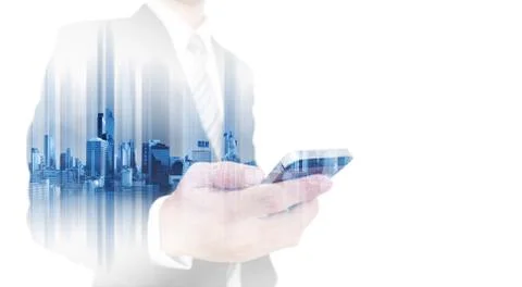 Double exposure businessman using smartphone Stock Photos