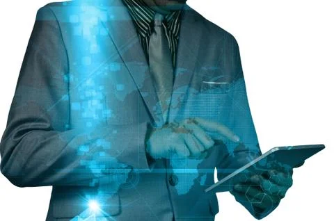 Double exposure of a businessman using a tablet over white background Stock Photos