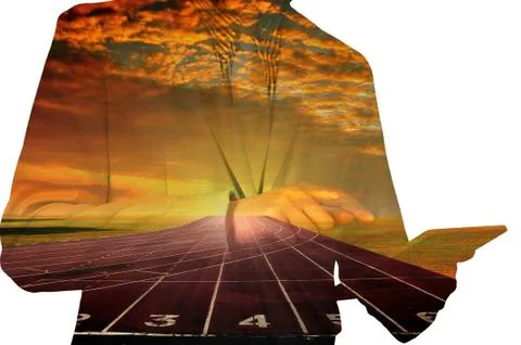 Double exposure of a businessman using a tablet over white background Stock Photos