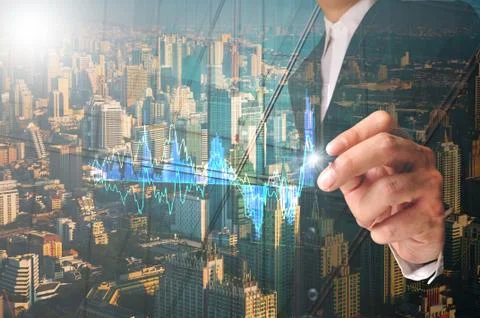 Double exposure of Businessman write analysis graph on Touch screen with Mode Stock Photos
