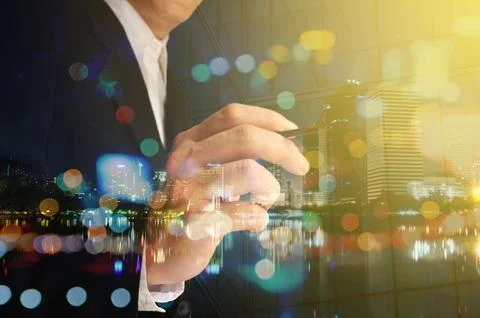 Double Exposure of Businessman write or Draw with Modern Building Foto stock