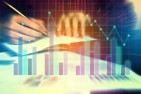 Double exposure of businessman writing make note and calculate finance on d.. Stock Photos