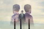 Double Exposure Of Businessmen And Smoke Stacks Stock Photos