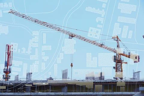 Double exposure of cadastral map and construction site 스톡 사진