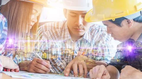 Double exposure city background with engineer people meeting working in offic Photos