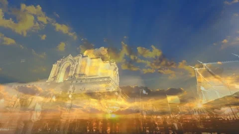 Double Exposure of Classical Institution Building and Evening City Stock Footage 337732981