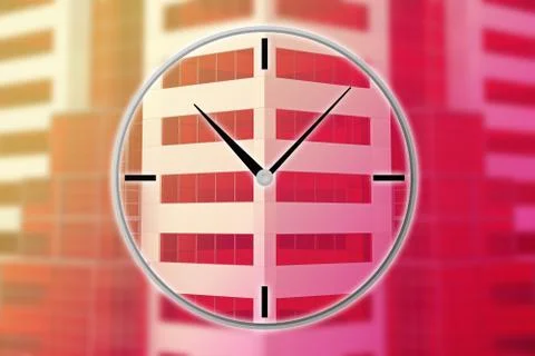 Double exposure of the clock and the facade of the building Ilustración de archivo