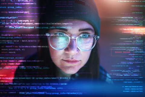 Double exposure, code or woman hacker in dark room at night for coding, phishing Stock-Fotos