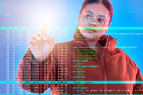 Double exposure, code or woman hacker coding, phishing or typing on Stock Photos