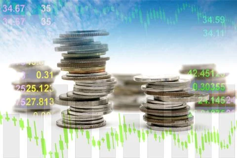 Double exposure of coin stack with financial graph, business and financial co Foto stock
