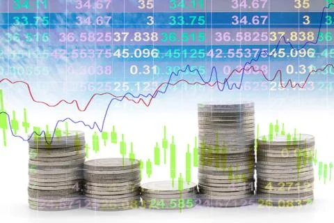 Double exposure of coin stack with financial graph, business and financial co Stock Photos