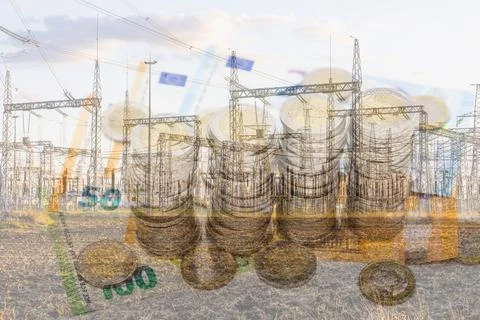Double exposure of coins stack with electric towers. Growing electricity Stock Illustration