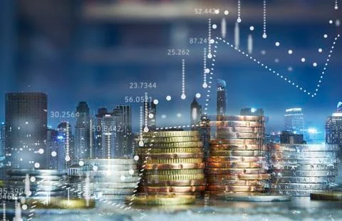 Double exposure of coins stack with graph chart Stock Photos