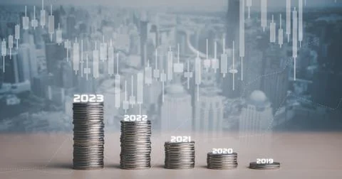 Double exposure of coins on the white background for finance and banking and  Stock Photos