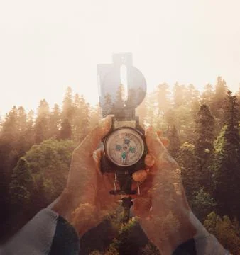Double exposure compass and forest. Stock Photos