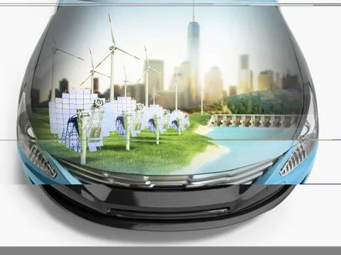 Double Exposure concept of ecologically clean transport ecostandard 3d illust Stock Illustration