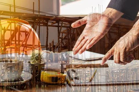 Double exposure with construction and architect or engineer working Stock Photos