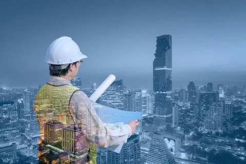 Double exposure Construction engineer checking construction drawing Stock Photos
