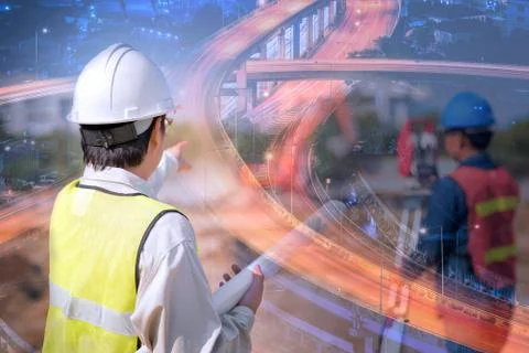 Double exposure construction engineer holding construction drawing with foreman Photos