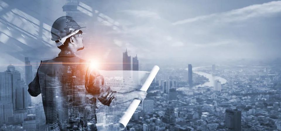 Double exposure, Construction engineer holding blueprint on construction site 스톡 사진