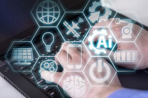 Double exposure of creative artificial Intelligence icon with hands typing on Stock Photos