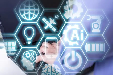 Double exposure of creative artificial Intelligence icon with hands typing on 스톡 사진