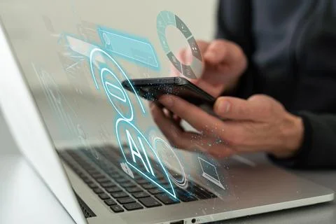 Double exposure of creative artificial Intelligence icon with modern laptop on Stock-Fotos