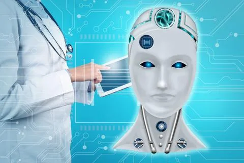 Double exposure of doctor using tablet and artificial intelligence model. Mac Stock Photos
