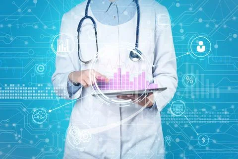 Double exposure of doctor using tablet and digital schemes. Machine learning  Stock Photos