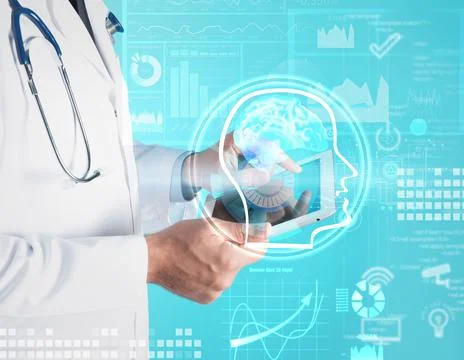 Double exposure of doctor using tablet and artificial intelligence model. Mac Foto stock
