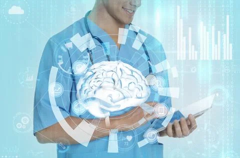 Double exposure of doctor using tablet and artificial intelligence model. Mac Stock Photos