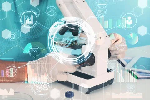 Double exposure of doctor working with microscope and machine learning model Foto stock