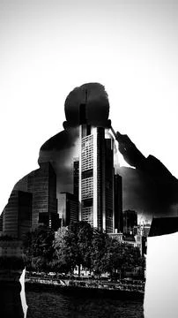 Double exposure effect of a transparent man on a city skyline background- societ Ilustración de archivo