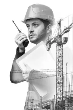 Double exposure of engineer and building under construction. Illustrazione stock