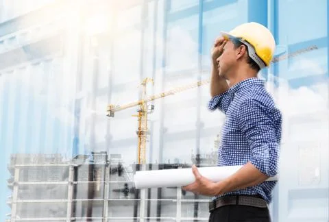 Double exposure of engineer and construction buliding Stock Photos
