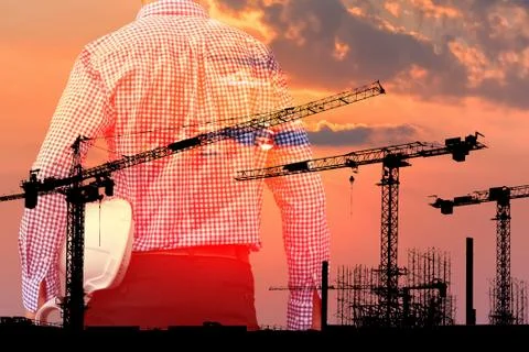 Double exposure of engineer and construction buliding Stock Photos