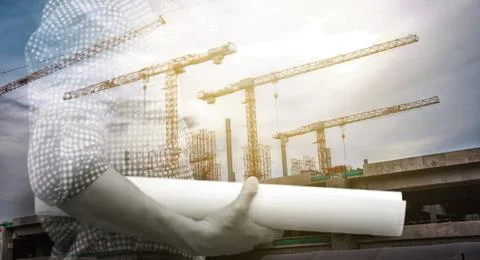 Double exposure of engineer and construction buliding Stock Photos