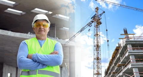 Double exposure of engineer at construction site and unfinished building 스톡 사진