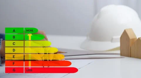 Double exposure of engineer drawing energy-saving house plan with charts of E Stock Photos