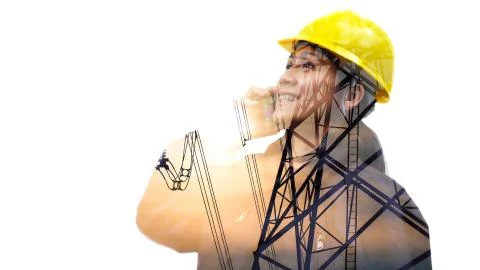 Double exposure of engineer using smart phone with electriccity Stock Photos