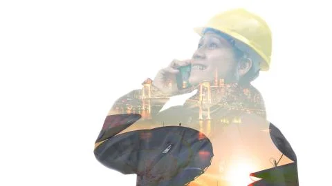 Double exposure of engineer using smart phone with satellite dish Stock Photos