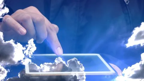 Double exposure of engineer using tablet with blue sky Stock Photos