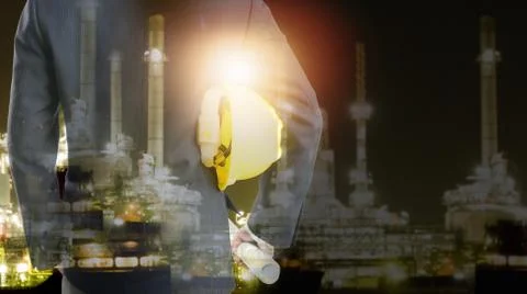 Double exposure of Engineering on power plant construction site Stock Photos