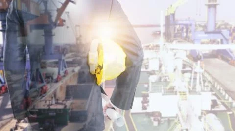 Double exposure of Engineering wearing yellow helmet and working at construct Stock Photos
