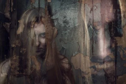Double exposure of ghost girl in abandoned building Stock Photos